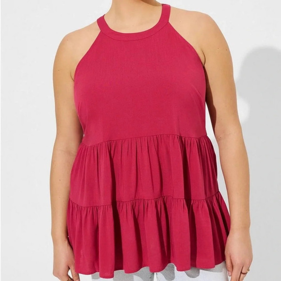 Torrid Hot Pink Rayon Slub Halter Neck Tiered Ruffle Tank Top 2X Women’s - Picture 13 of 13